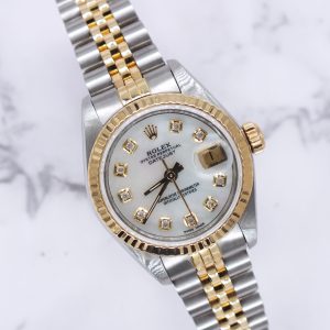 Ladies Steel & Gold Rolex Datejust with White Mother of Pearl Diamond Dial.