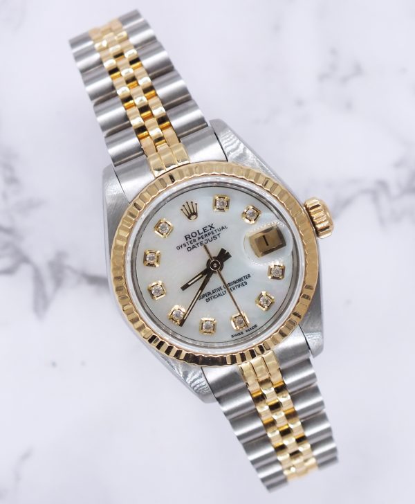 Ladies Steel & Gold Rolex Datejust with White Mother of Pearl Diamond Dial.