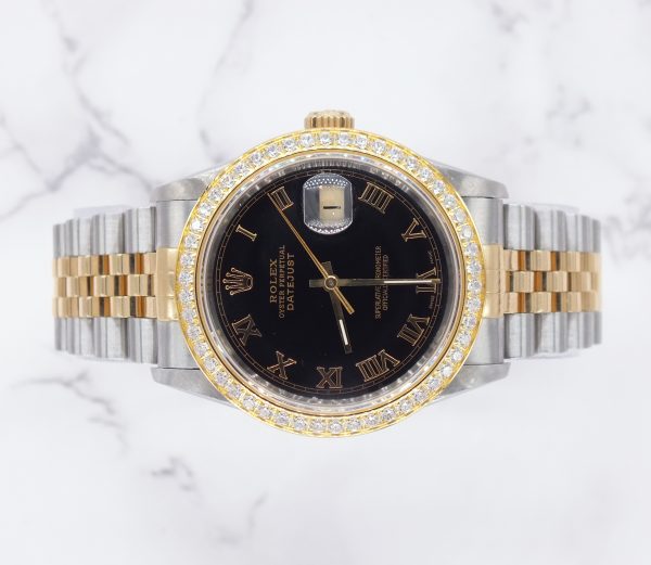 Gents Rolex Datejust 36 with Black Roman Numeral Dial / Diamond Bezel - Box & Papers. - Image 2