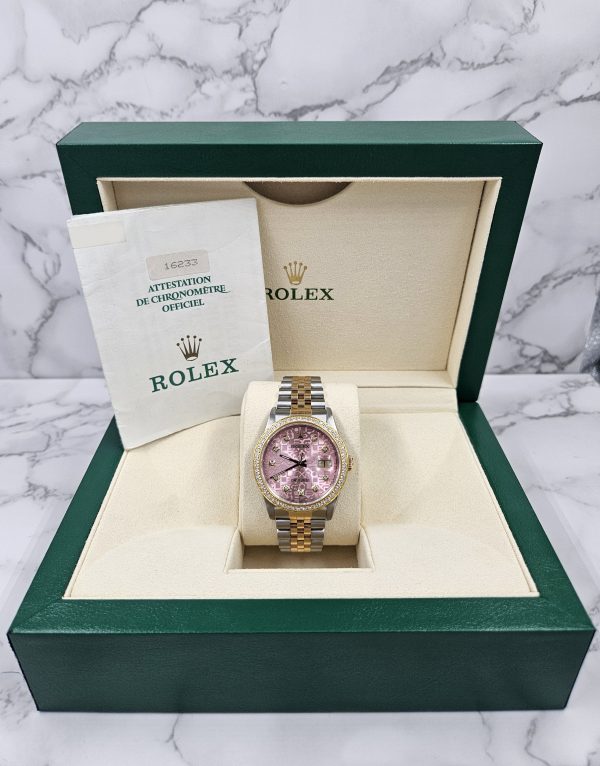 Mens Steel & Gold Rolex Datejust with Pink Jubilee Diamond Dial & Diamond Bezel - Image 6