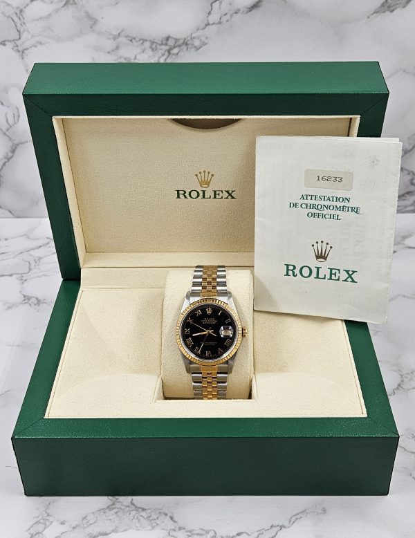 Mens Rolex Datejust in steel & gold with Black Roman Numeral Dial, Box & Paper - Image 7