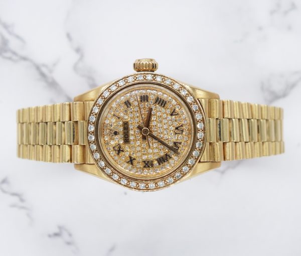 MINT Ladies 18ct Gold Rolex Oyster Perpetual - Pave Diamond & Bezel Dial - Boxed - Image 2