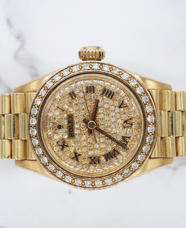 MINT Ladies 18ct Gold Rolex Oyster Perpetual - Pave Diamond & Bezel Dial - Boxed - Image 3