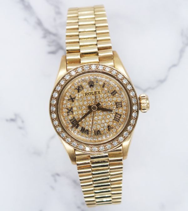 MINT Ladies 18ct Gold Rolex Oyster Perpetual - Pave Diamond & Bezel Dial - Boxed - Image 5