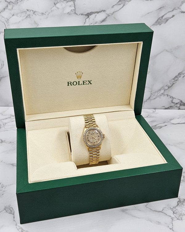 MINT Ladies 18ct Gold Rolex Oyster Perpetual - Pave Diamond & Bezel Dial - Boxed - Image 7