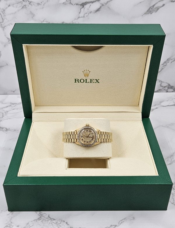 MINT Ladies 18ct Gold Rolex Oyster Perpetual - Pave Diamond & Bezel Dial - Boxed - Image 10