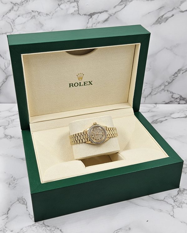 MINT Ladies 18ct Gold Rolex Oyster Perpetual - Pave Diamond & Bezel Dial - Boxed - Image 11