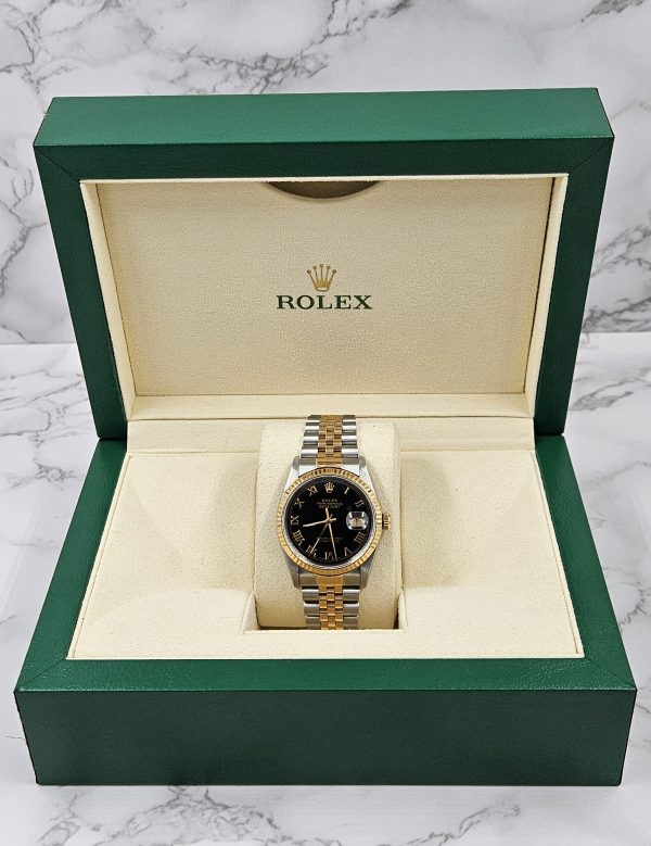 Mens Rolex Datejust in steel & gold with Black Roman Numeral Dial, Box & Paper - Image 8
