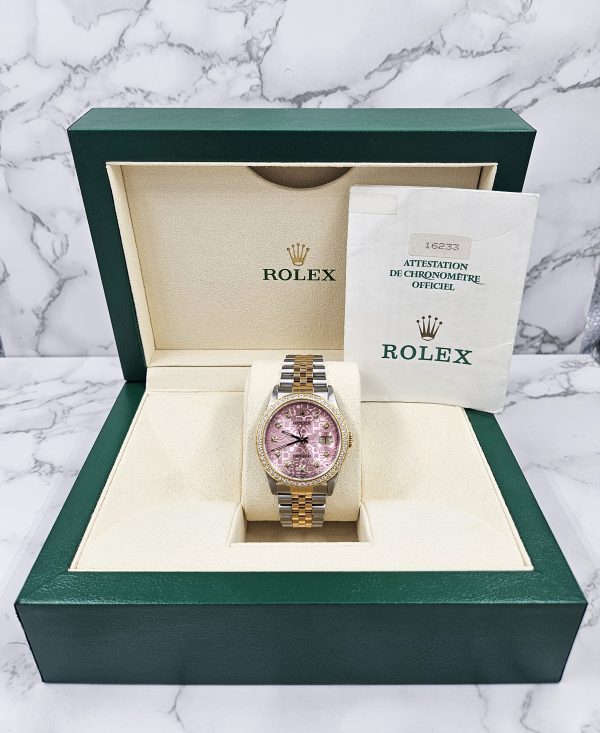 Mens Steel & Gold Rolex Datejust with Pink Jubilee Diamond Dial & Diamond Bezel - Image 7