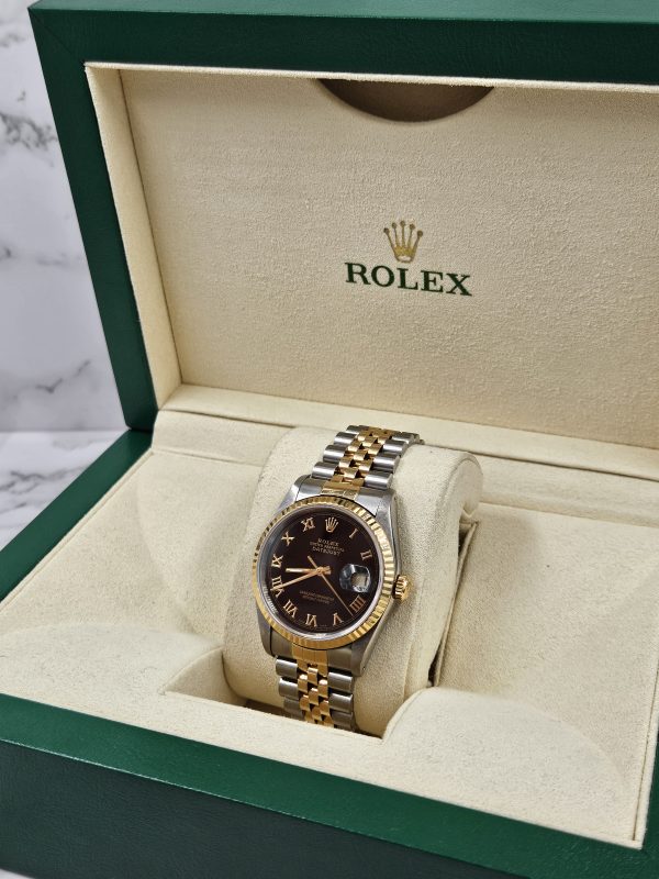 Mens Rolex Datejust in steel & gold with Black Roman Numeral Dial, Box & Paper - Image 9