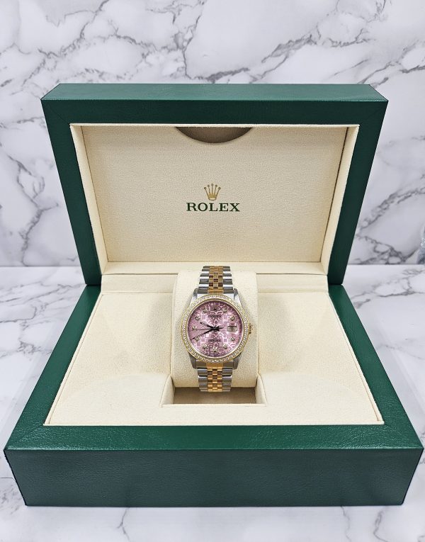 Mens Steel & Gold Rolex Datejust with Pink Jubilee Diamond Dial & Diamond Bezel - Image 8