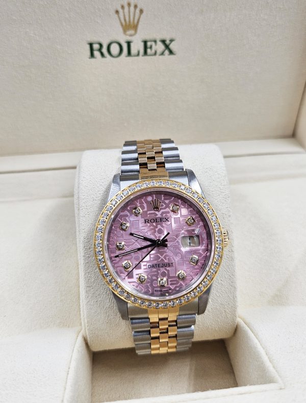 Mens Steel & Gold Rolex Datejust with Pink Jubilee Diamond Dial & Diamond Bezel - Image 9