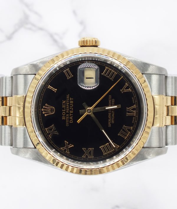 Mens Rolex Datejust in steel & gold with Black Roman Numeral Dial, Box & Paper - Image 3