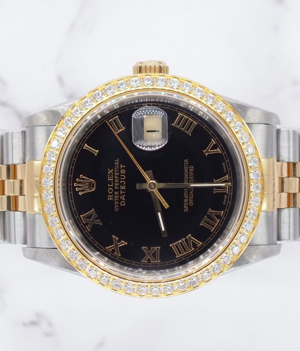 Gents Rolex Datejust 36 with Black Roman Numeral Dial / Diamond Bezel - Box & Papers. - Image 3