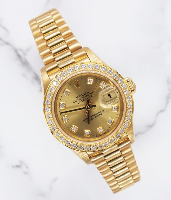Mint Ladies Solid 18ct Yellow Gold Rolex Datejust with Diamond Dial & Bezel.
