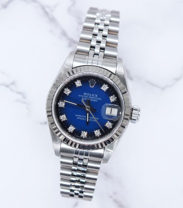 Ladies Rolex Datejust 26mm in Steel & Gold - Factory Blue Diamond Dial – B+P - Image 4