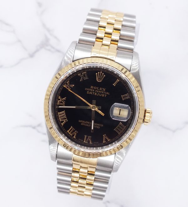 Mens Rolex Datejust in steel & gold with Black Roman Numeral Dial, Box & Paper - Image 4