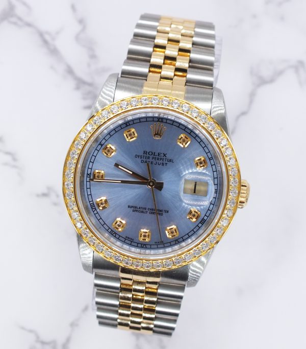 Stunning Mens Rolex Datejust - Sky Blue Diamond Dial & Bezel - Box / Papers. - Image 4