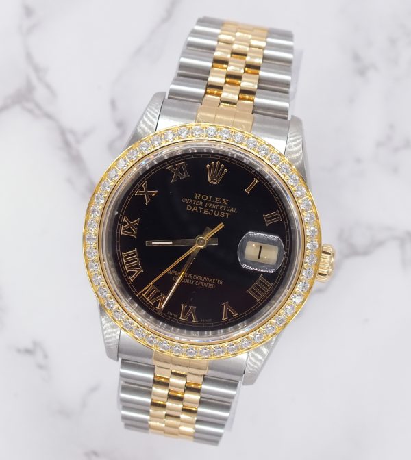 Gents Rolex Datejust 36 with Black Roman Numeral Dial / Diamond Bezel - Box & Papers. - Image 4