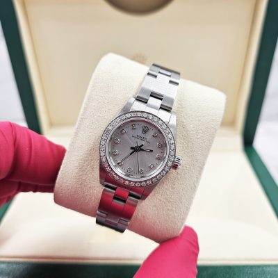 Ladies Rolex 26mm With Silver Diamond Dial and Bezel - Box & Papers.