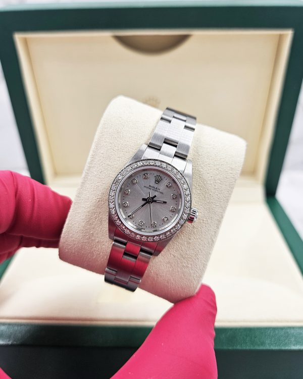 Ladies Rolex 26mm With Silver Diamond Dial and Bezel - Box & Papers.