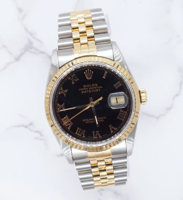 Mens Rolex Datejust in steel & gold with Black Roman Numeral Dial, Box & Paper - Image 5