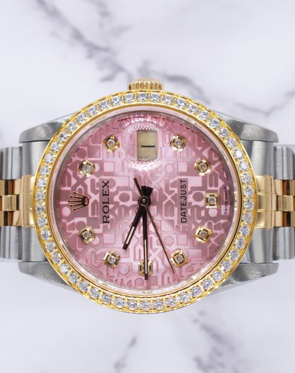 Mens Steel & Gold Rolex Datejust with Pink Jubilee Diamond Dial & Diamond Bezel - Image 3