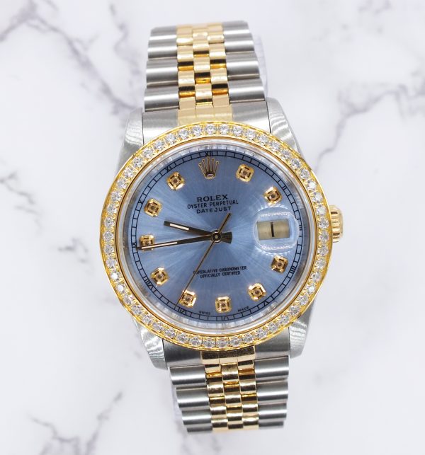 Stunning Mens Rolex Datejust - Sky Blue Diamond Dial & Bezel - Box / Papers. - Image 5
