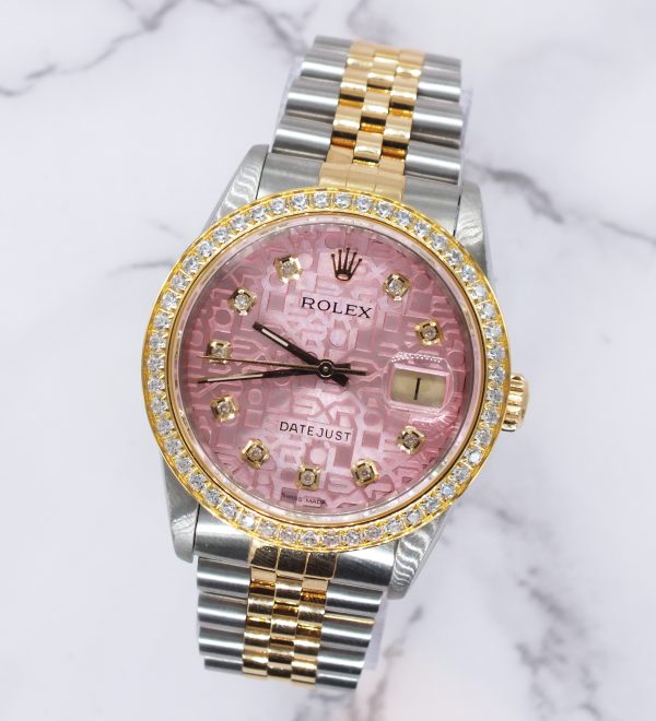 Mens Steel & Gold Rolex Datejust with Pink Jubilee Diamond Dial & Diamond Bezel - Image 4