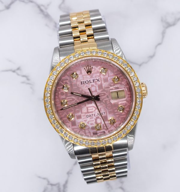 Mens Steel & Gold Rolex Datejust with Pink Jubilee Diamond Dial & Diamond Bezel - Image 5