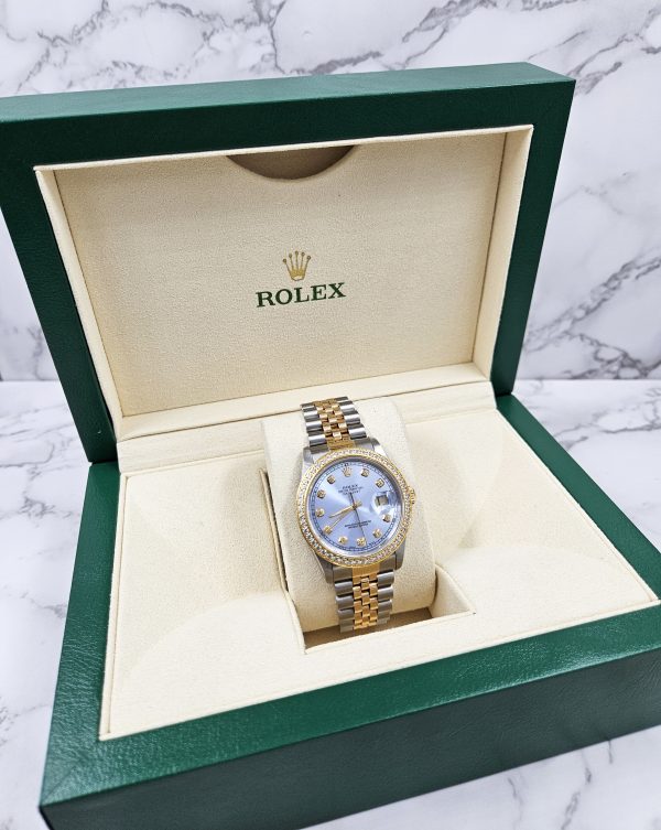 Stunning Mens Rolex Datejust - Sky Blue Diamond Dial & Bezel - Box / Papers. - Image 8