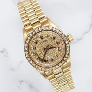 MINT Ladies 18ct Gold Rolex Oyster Perpetual - Pave Diamond & Bezel Dial - Boxed