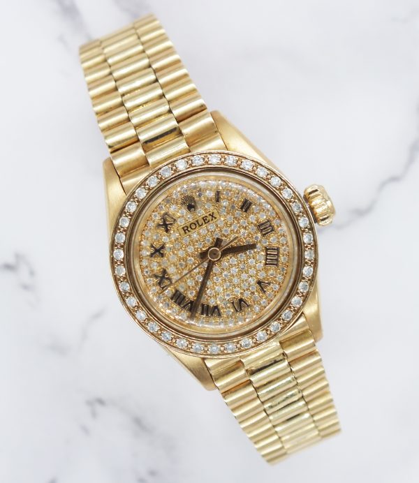 MINT Ladies 18ct Gold Rolex Oyster Perpetual - Pave Diamond & Bezel Dial - Boxed