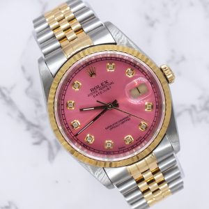Men's Steel & 18ct Gold Rolex Datejust with 'Cherry Pink' Dial - Box and Papers.
