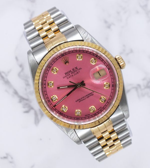Men's Steel & 18ct Gold Rolex Datejust with 'Cherry Pink' Dial - Box and Papers.