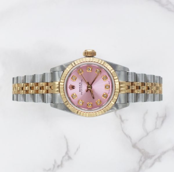 Ladies 26mm Steel & Gold Rolex Oyster Perpetual with PINK Diamond Dial - Boxed - Image 2