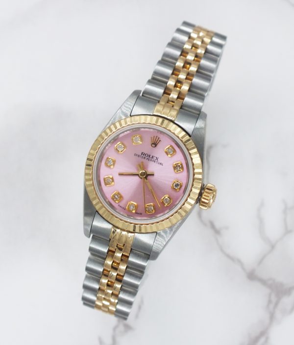 Ladies 26mm Steel & Gold Rolex Oyster Perpetual with PINK Diamond Dial - Boxed - Image 3