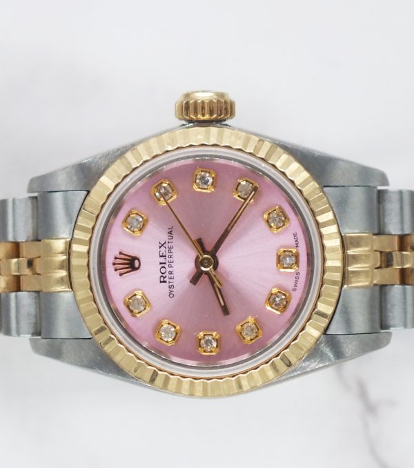 Ladies 26mm Steel & Gold Rolex Oyster Perpetual with PINK Diamond Dial - Boxed - Image 5
