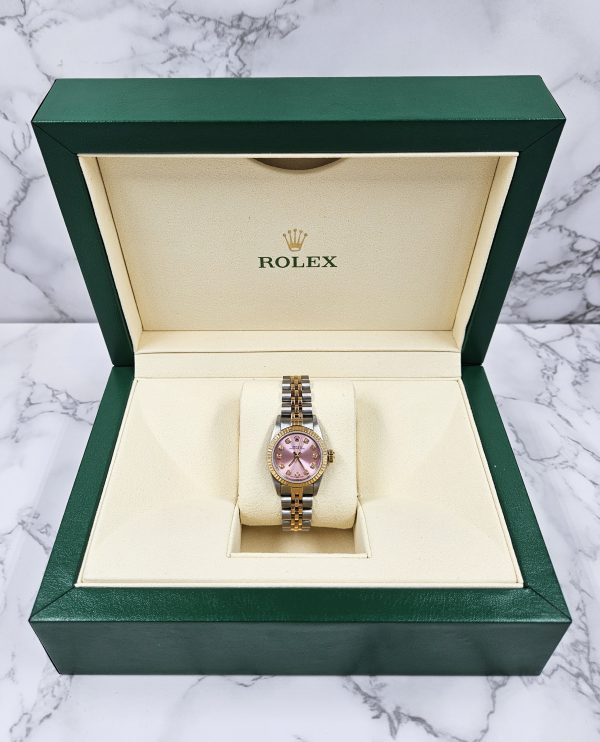 Ladies 26mm Steel & Gold Rolex Oyster Perpetual with PINK Diamond Dial - Boxed - Image 6