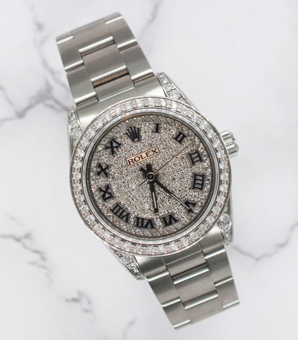 31mm Rolex Oyster Perpetual with Pave Diamond Dial, Bezel and Shoulders