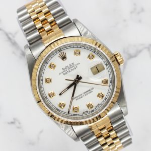 Mens Steel & Gold Rolex Datejust with White Diamond Dial - Box & Papers.