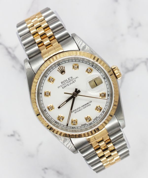 Mens Steel & Gold Rolex Datejust with White Diamond Dial - Box & Papers.