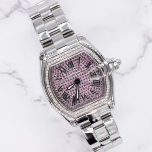 Ladies Cartier Roadster with Pave Pink Diamond Dial VVS Diamond Bezel – Cartier Box.