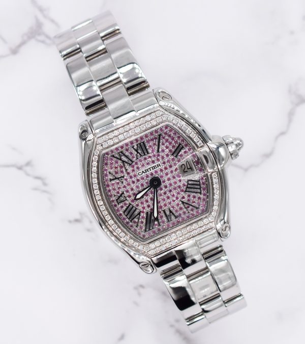 Ladies Cartier Roadster with Pave Pink Diamond Dial VVS Diamond Bezel – Cartier Box.