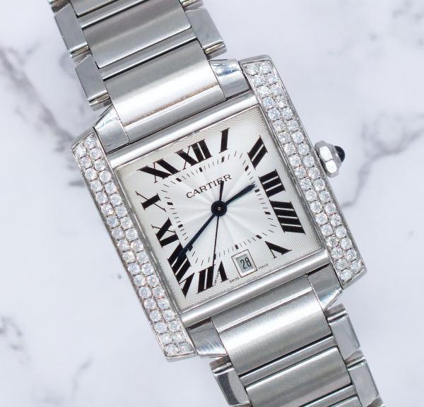 Gents Cartier Tank Francaise with VVS Diamond Bezel - Boxed.