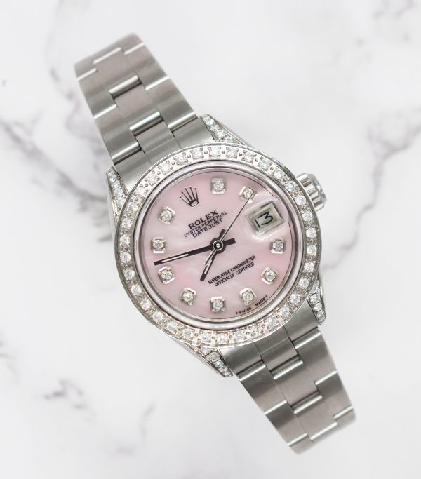 Ladies 26mm Rolex Datejust with Pink MOP Diamond Dial, Bezel & Shoulders.