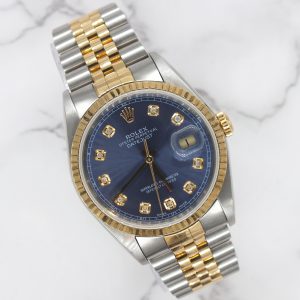 Mens Rolex Datejust in Steel & Gold with Blue Diamond Dial - Box / Papers.