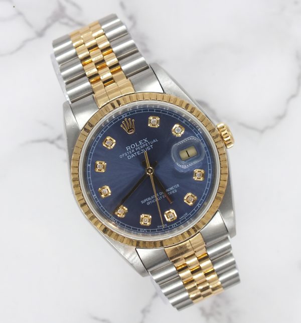 Mens Rolex Datejust in Steel & Gold with Blue Diamond Dial - Box / Papers.