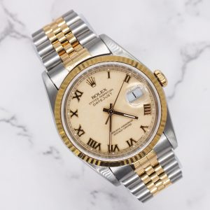 Gents Steel & Gold Rolex Datejust Factory Ivory Roman Numeral Dial Box & Papers.