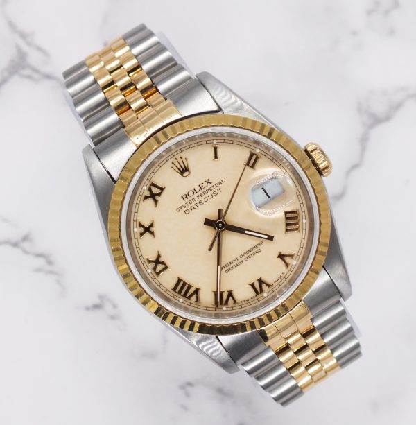 Gents Steel & Gold Rolex Datejust Factory Ivory Roman Numeral Dial Box & Papers.